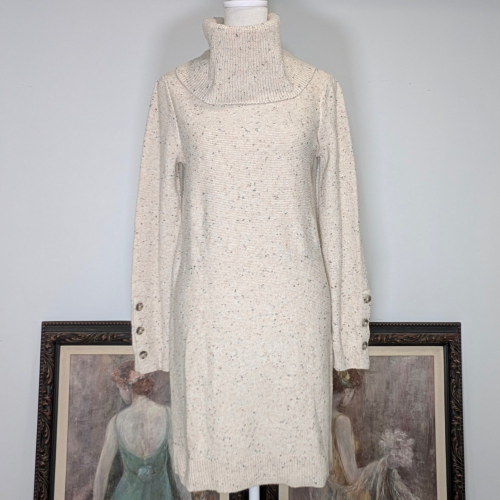LOFT Women's Cream Speckled Turtleneck Long‎ Sleeve Sweater Dress Button Cuff S